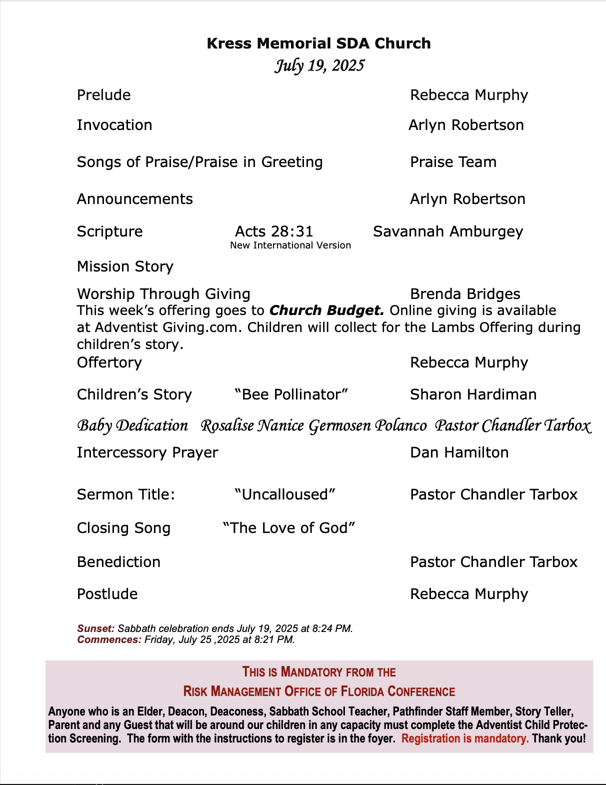 This week's church bulletin cover